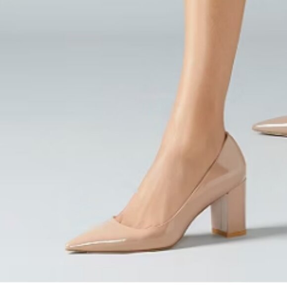 Stuart Weitzman Stuart 75 block Pump Patent leather tan pointed toe classy 5.5 - Picture 2 of 11